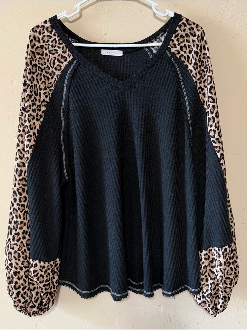 entro Black Waffle-Knit Pullover with Leopard-Print Raglan Sleeves